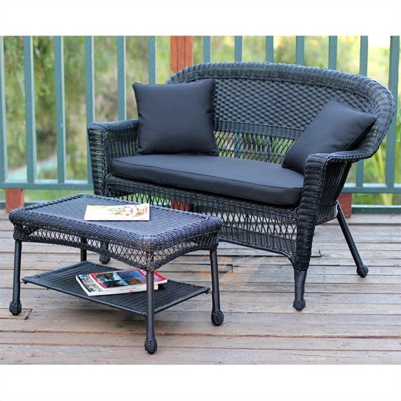Afuera Living Patio Love Seat & Coffee Table Set in Black with Black Cushion