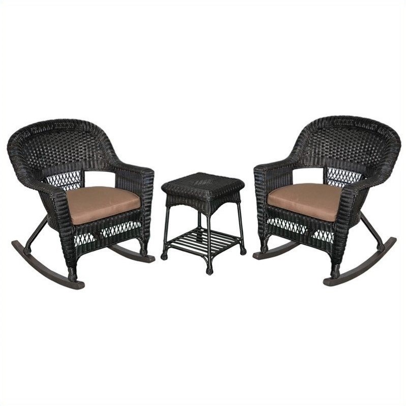 Afuera Living 3pc Wicker Rocker Chair Set in Black with Brown Cushion