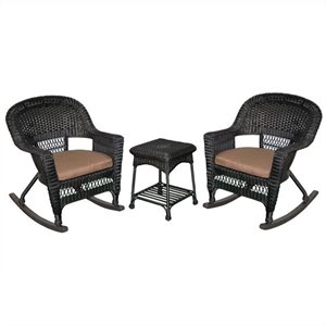 Afuera Living 3pc Wicker Rocker Chair Set in Black with Brown Cushion