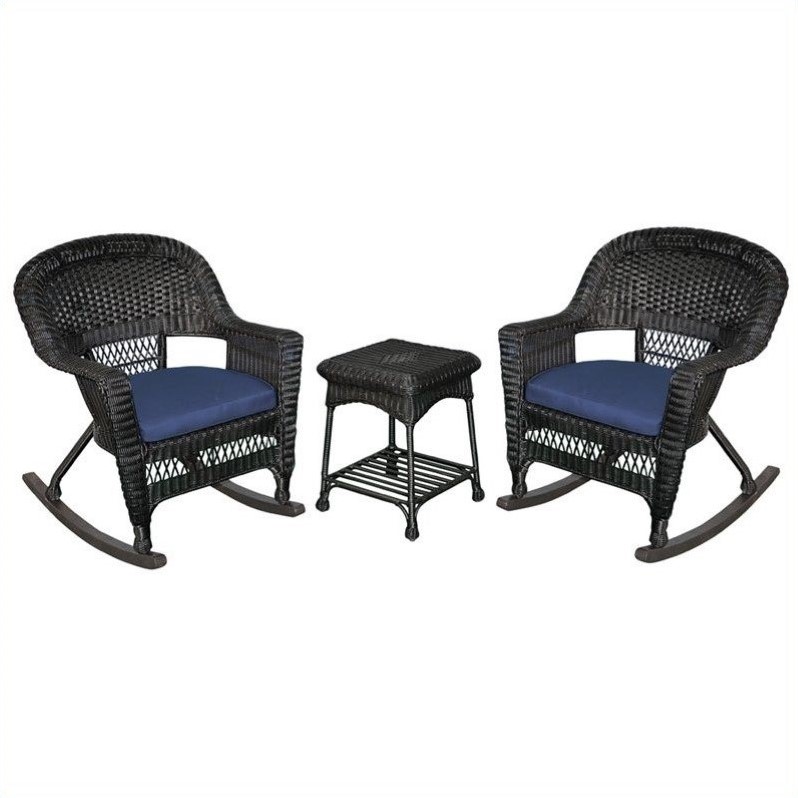Afuera Living 3pc Wicker Rocker Chair Set in Black with Blue Cushion