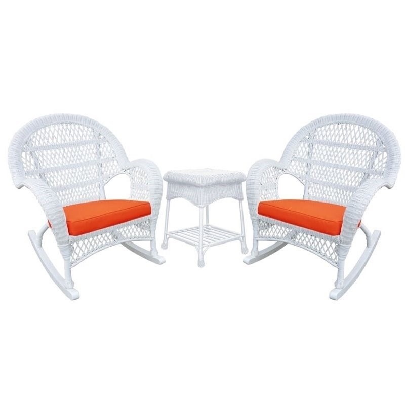 Afuera Living 3 Piece Wicker Conversation Set in White with Orange Cushions