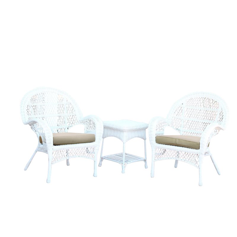 Afuera Living 3 Piece Wicker Conversation Set in White with Tan Cushions