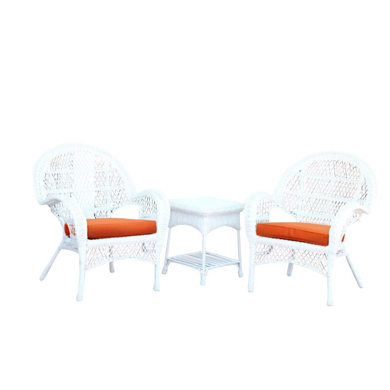 Afuera Living 3 Piece Wicker Conversation Set in White with Orange Cushions
