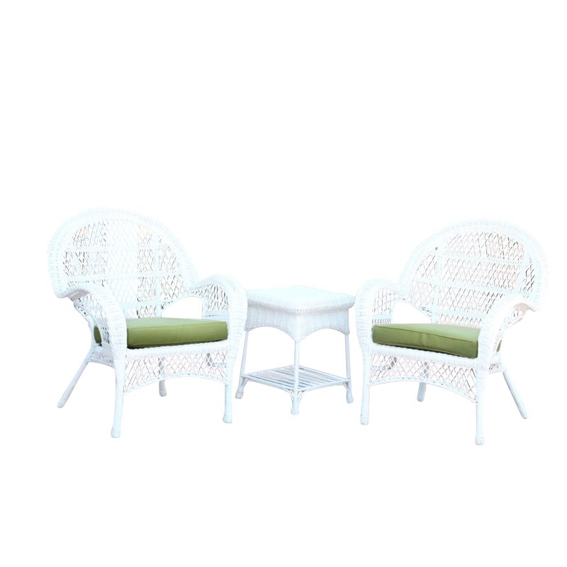 Afuera Living 3 Piece Wicker Conversation Set in White with Green Cushions
