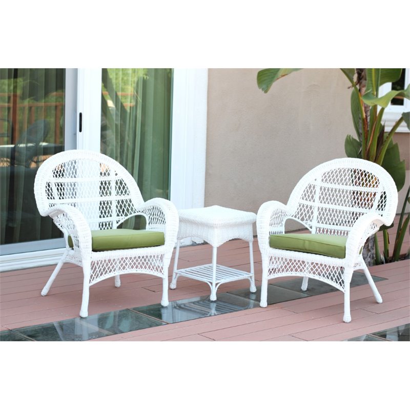 Afuera Living 3 Piece Wicker Conversation Set in White with Green Cushions