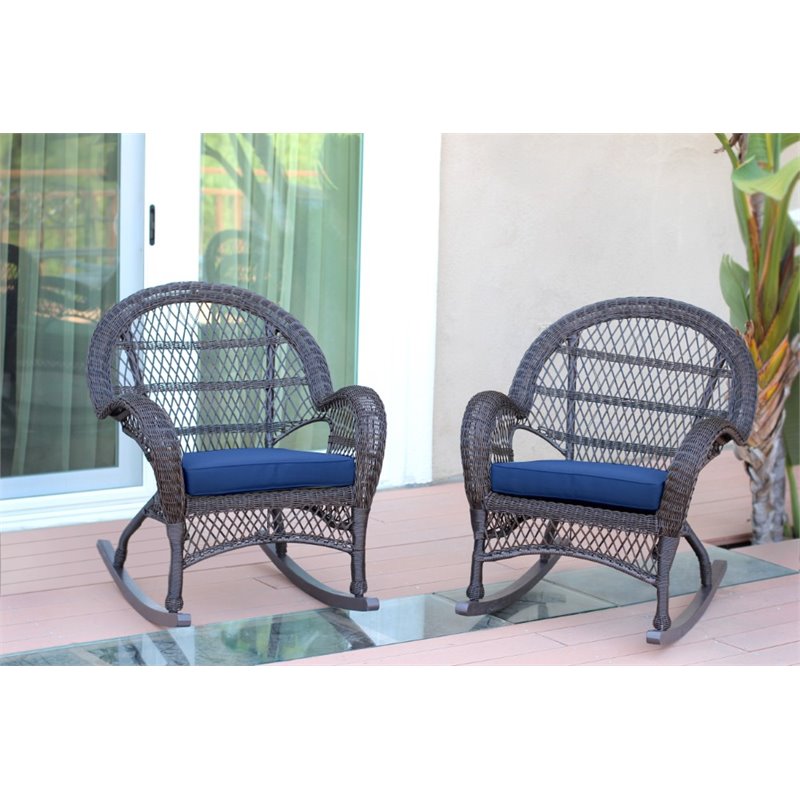 Afuera Living Wicker Rocker Chair in Espresso with Blue Cushion (Set of 2)