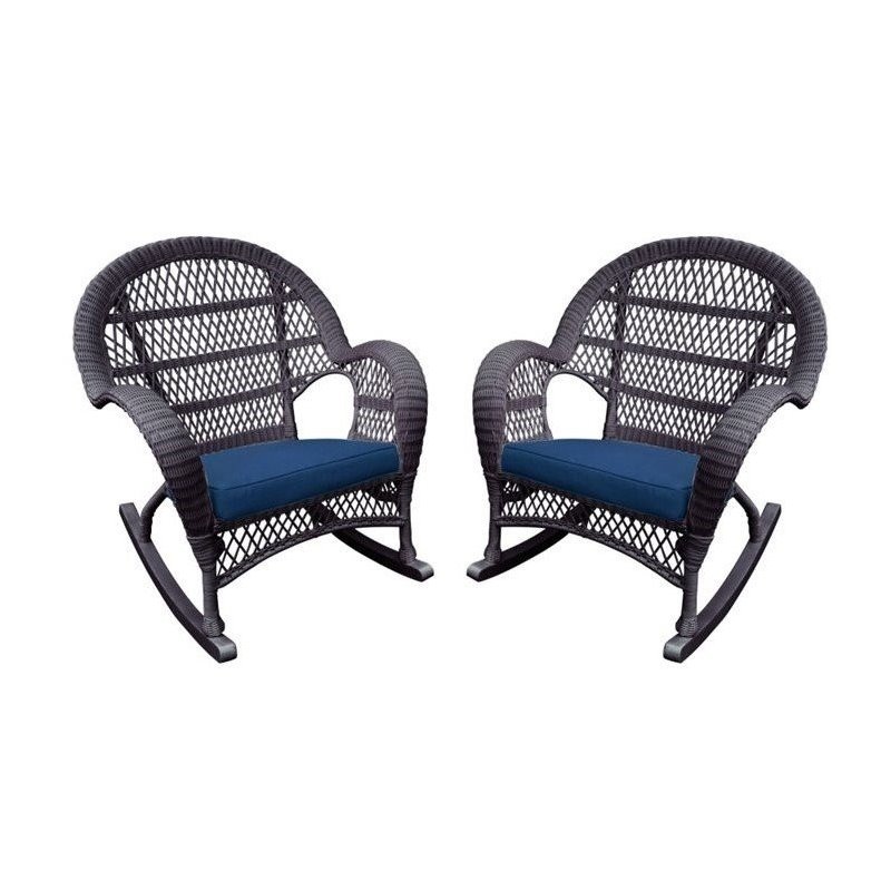 Afuera Living Wicker Rocker Chair in Espresso with Blue Cushion (Set of 2)