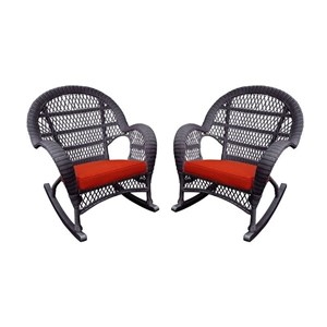 Afuera Living Wicker Rocker Chair in Espresso with Red Cushion (Set of 2)