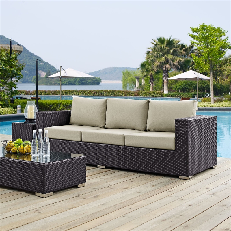 Afuera Living Aluminum and Rattan Outdoor Patio Sofa in Espresso/Beige