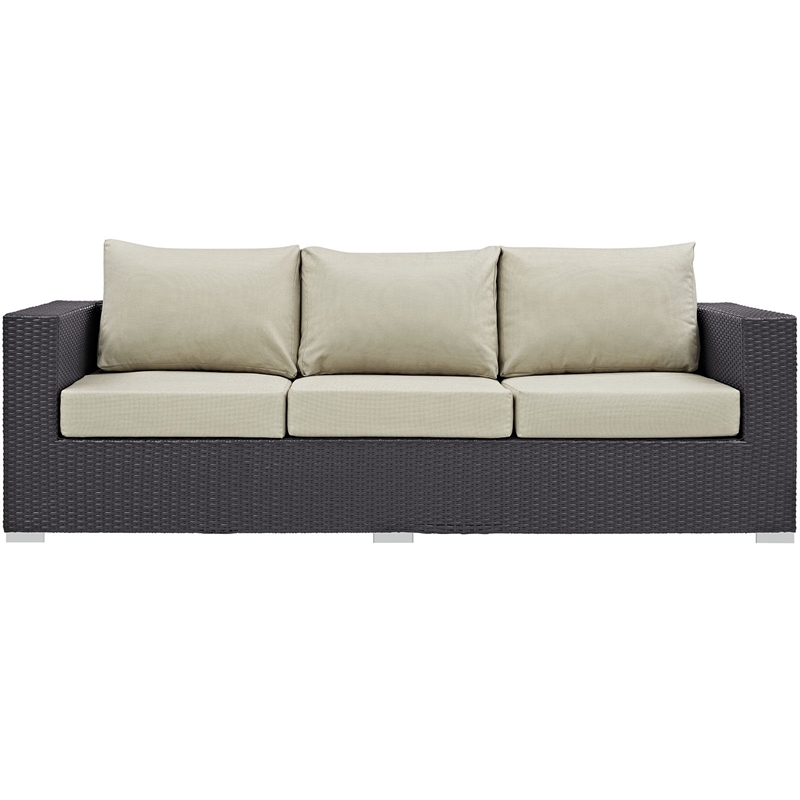 Afuera Living Aluminum and Rattan Outdoor Patio Sofa in Espresso/Beige