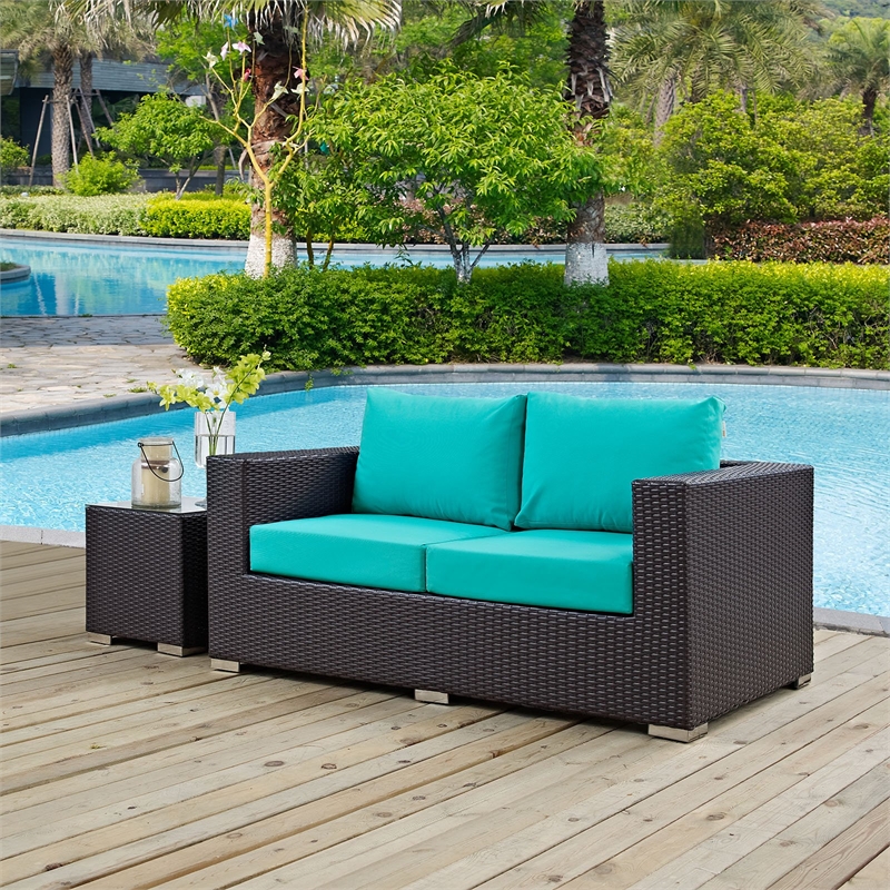 Afuera Living Aluminum and Rattan Patio Loveseat in Espresso/Turquoise