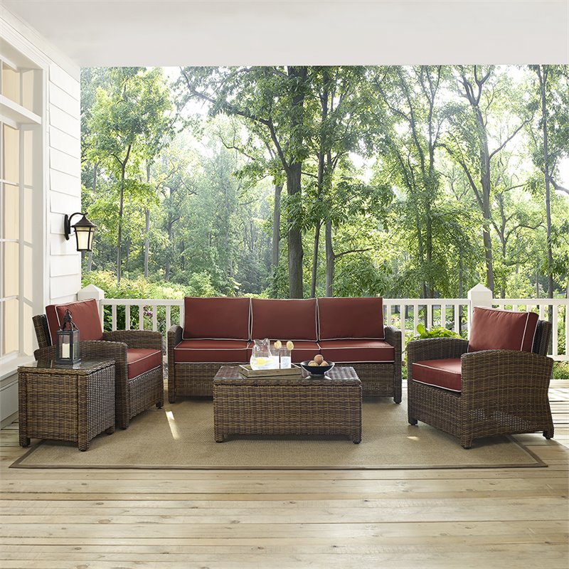 Afuera Living 5 Piece Metal Patio Sofa Set in Brown/Sangria Red