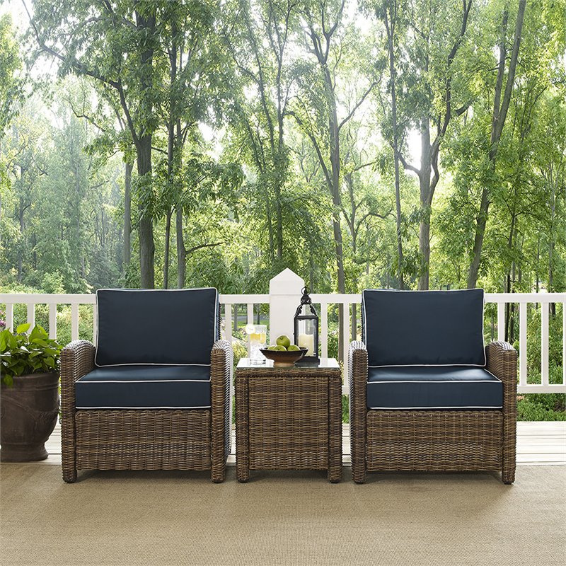 Afuera Living 3 Piece Metal Patio Conversation Set in Brown/Navy