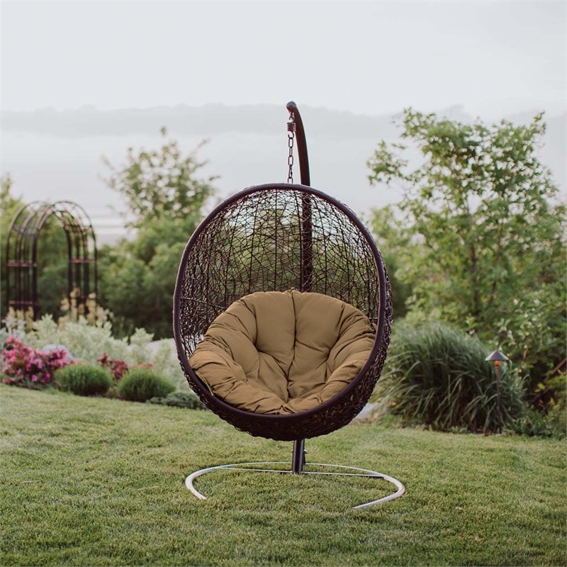 Afuera Living Outdoor Patio Rattan Swing Lounge Chair in Mocha/Black