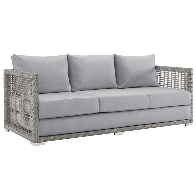 Afuera Living Modern Rattan & Fabric Outdoor Patio Sofa in Gray