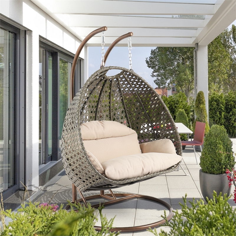 Afuera Living Outdoor Modern Wicker Hanging Double Egg Swing Chair in Beige
