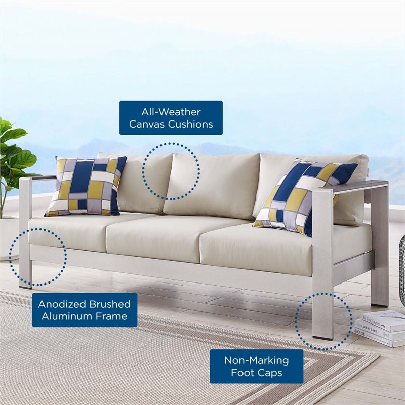 Afuera Living Outdoor Patio Aluminum and Fabric Sofa in Silver/Beige