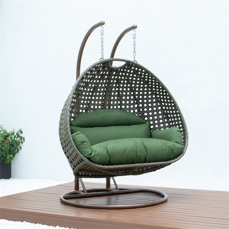 Afuera Living Outdoor Beige Wicker Hanging Double Egg Swing Chair in Dark Green