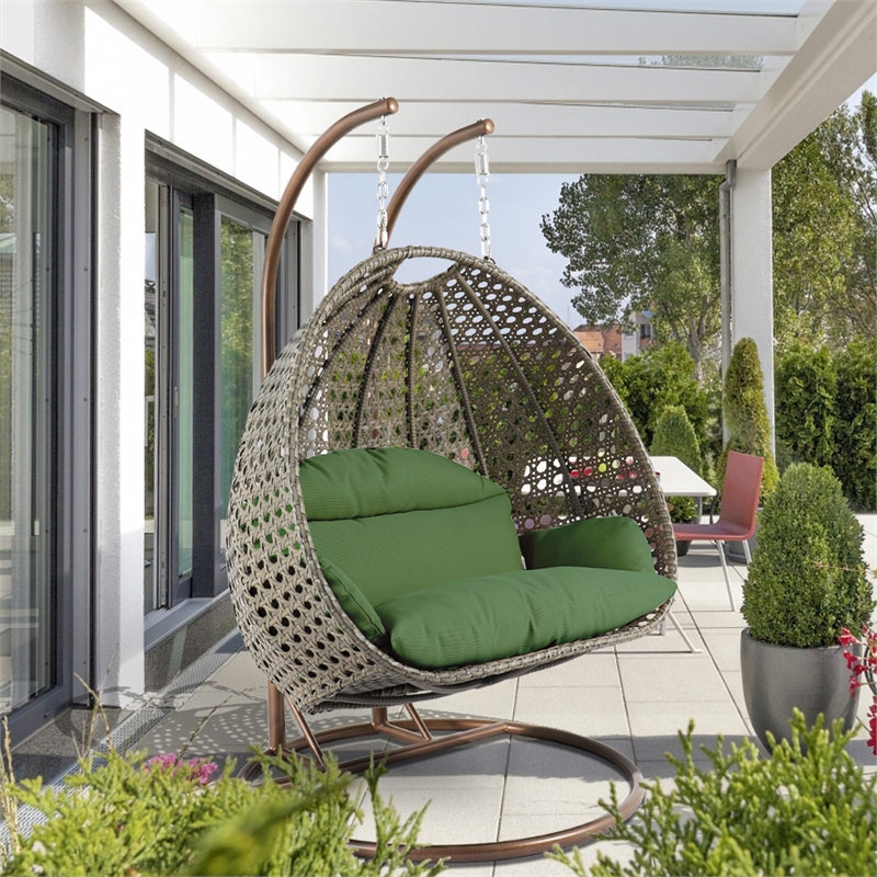 Afuera Living Outdoor Beige Wicker Hanging Double Egg Swing Chair in Dark Green