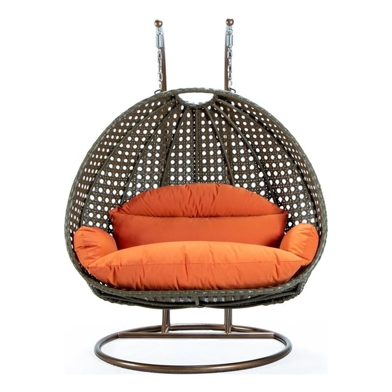 Afuera Living Outdoor Beige Wicker Hanging Double Egg Swing Chair in Orange