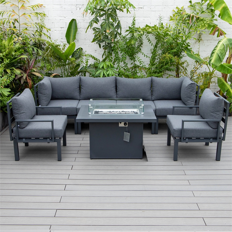 Afuera Living 7-Piece Sectional And Fire Pit Table With Cushions in Black