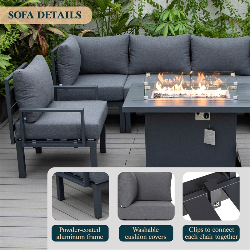Afuera Living 7-Piece Sectional And Fire Pit Table With Cushions in Black