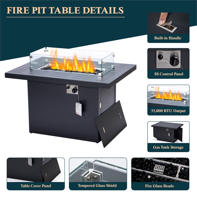 Afuera Living 7-Piece Sectional And Fire Pit Table With Cushions in Black