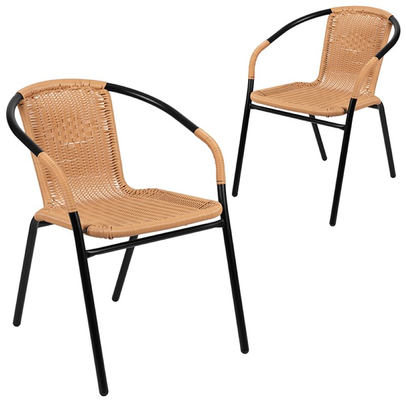 Afuera Living Rattan Stacking Restaurant Dining Arm Chair in Beige (Set of 2)