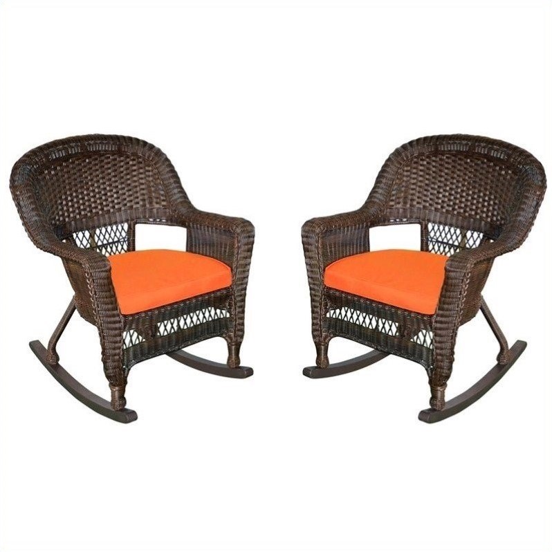 Afuera Living Rocker Wicker Chair in Espresso with Orange Cushion (Set of 2)