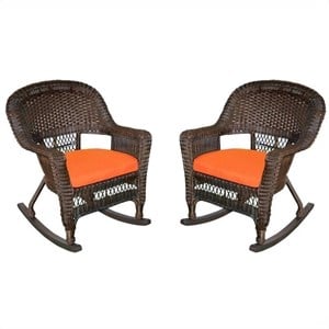 Afuera Living Rocker Wicker Chair in Espresso with Orange Cushion (Set of 2)