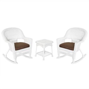 Afuera Living 3pc Rocker Wicker Chair Set in White with Brown Cushion