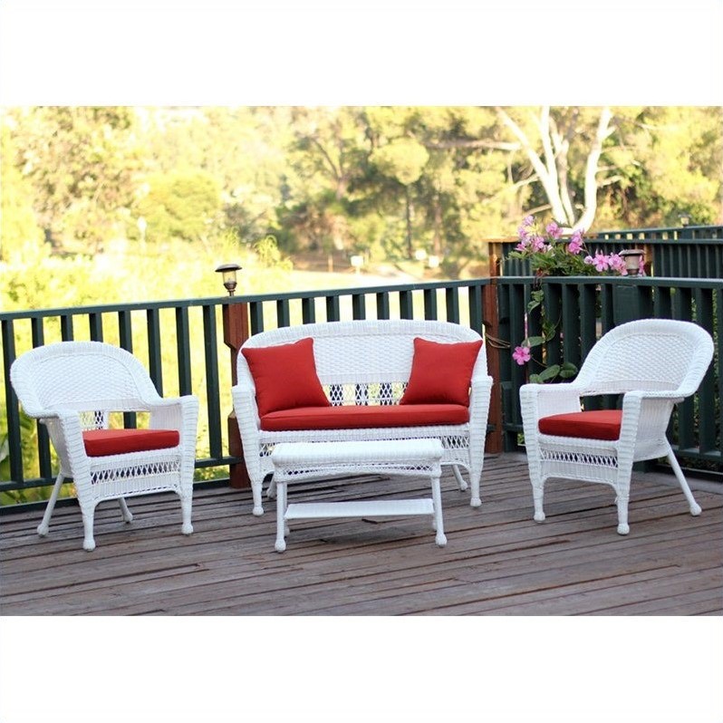 Afuera Living 4Pc Resin Patio Conversation Set in White with Brick Red Cushion