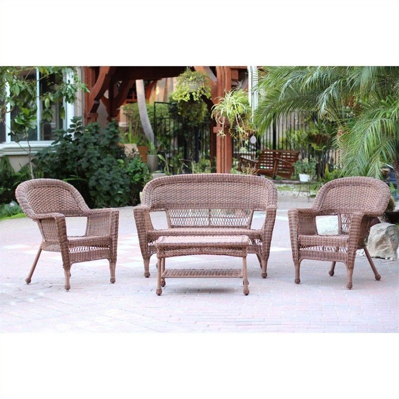 Afuera Living 4 Piece Resin Wicker Modern Patio Sofa Set in Honey