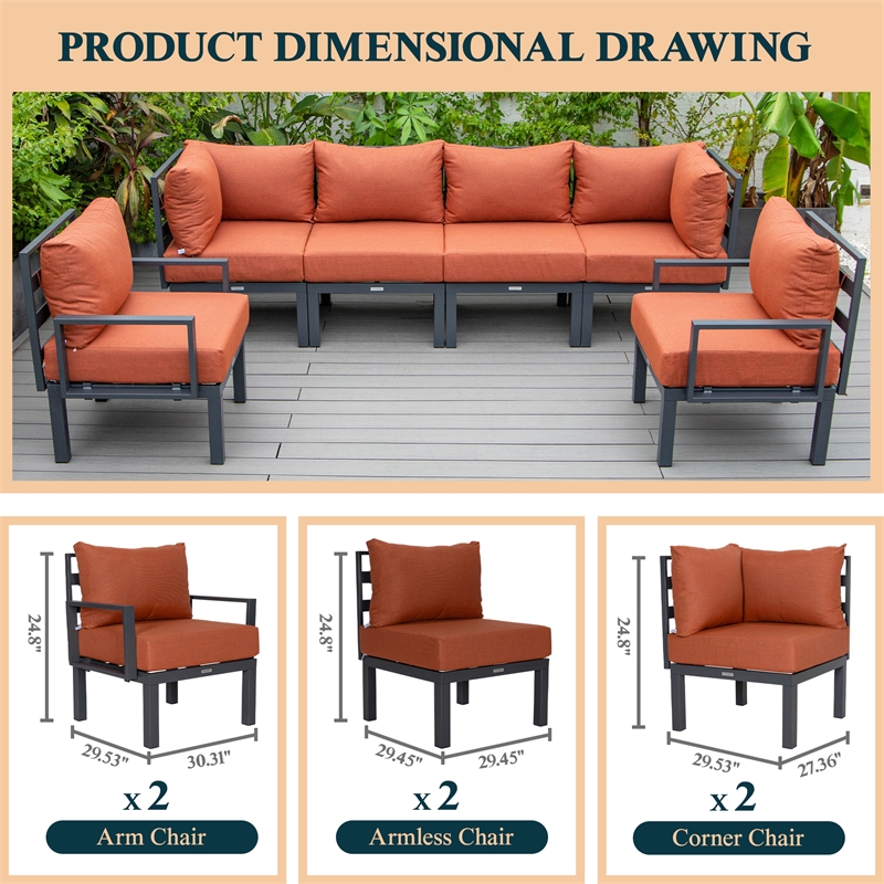 Afuera Living 6-Piece Patio Set in Black Aluminum with Orange Cushions