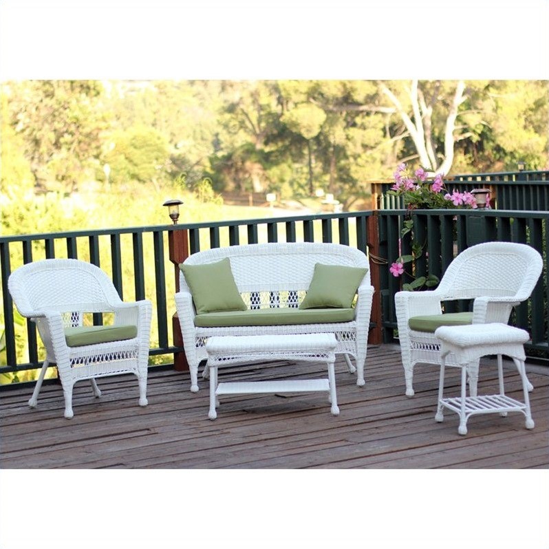 Afuera Living 5Pc Resin Wicker White Patio Conversation Set with Green Cushions