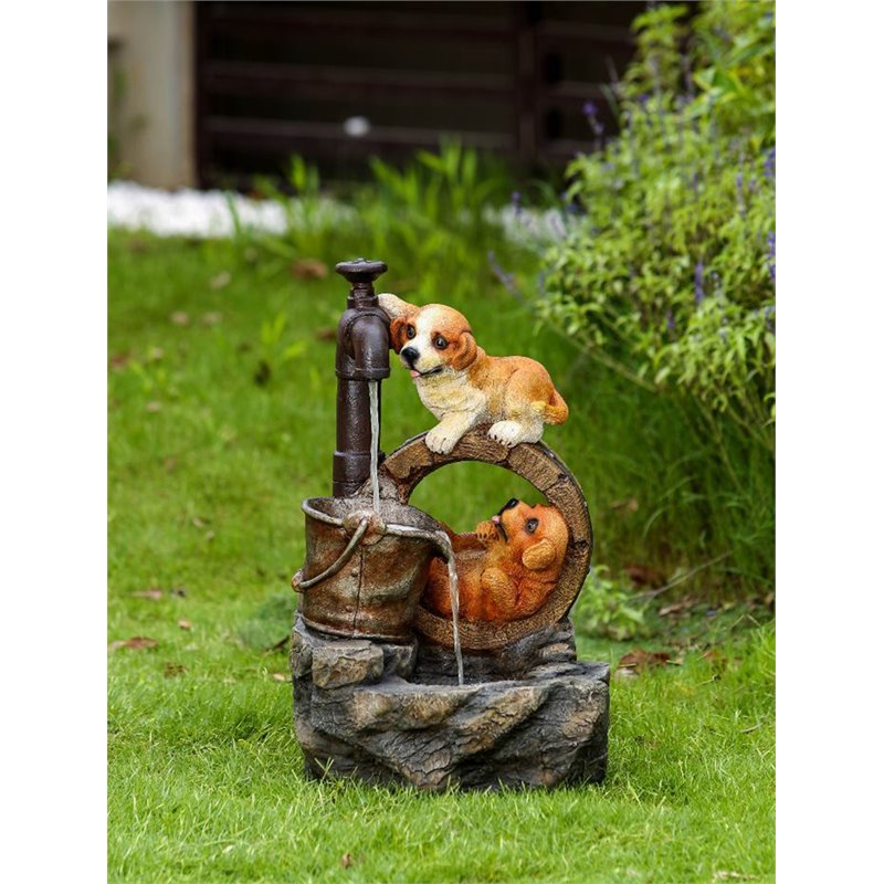 Afuera Living Playing Dogs Fountain with LED Light in Brown and Yellow