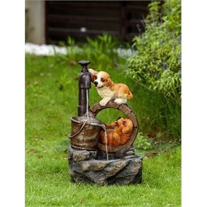 Afuera Living Playing Dogs Fountain with LED Light in Brown and Yellow