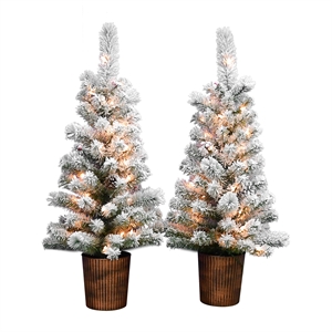 Afuera Living Modern Set of 2 3.5Ft Pre-Lit Flocked Pot Trees in White