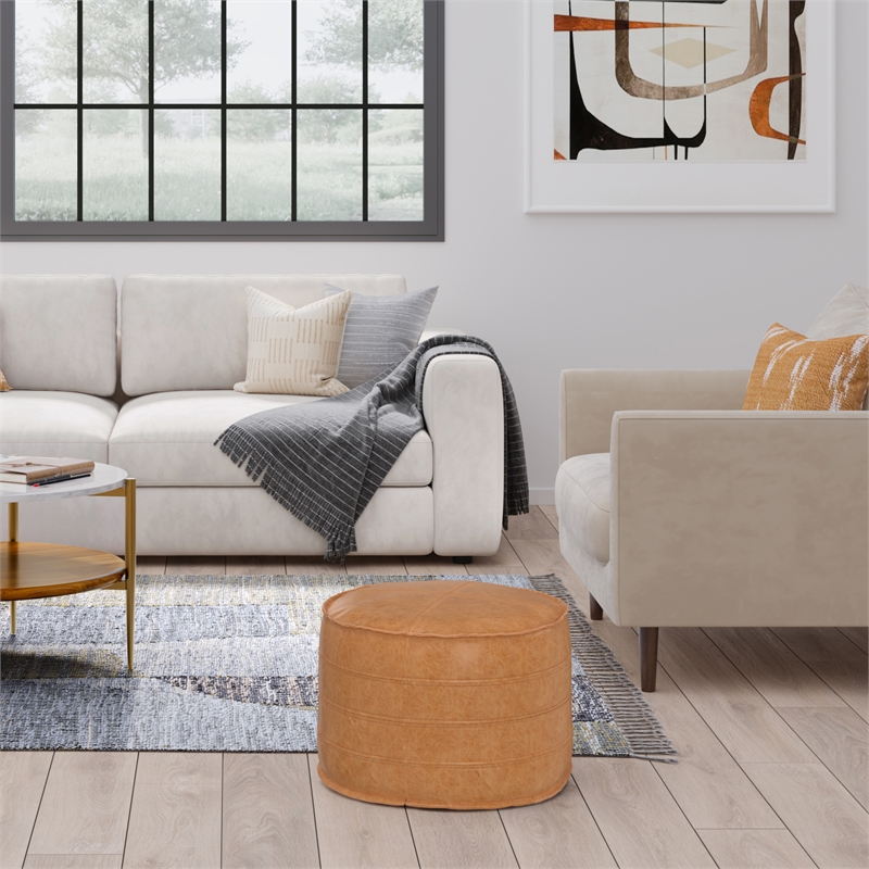 Afuera Living Boho Round Pouf in Distressed Brown Faux Leather