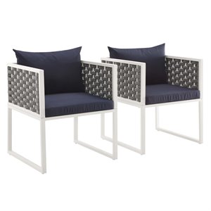 Afuera Living 17&quot Aluminum/Fabric Patio Dining Armchair in White/Navy (Set of 2)