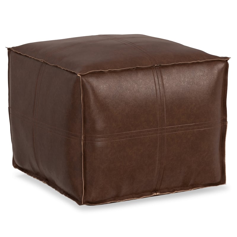 Afuera Living Boho Square Pouf in Distressed Dark Brown Faux Leather