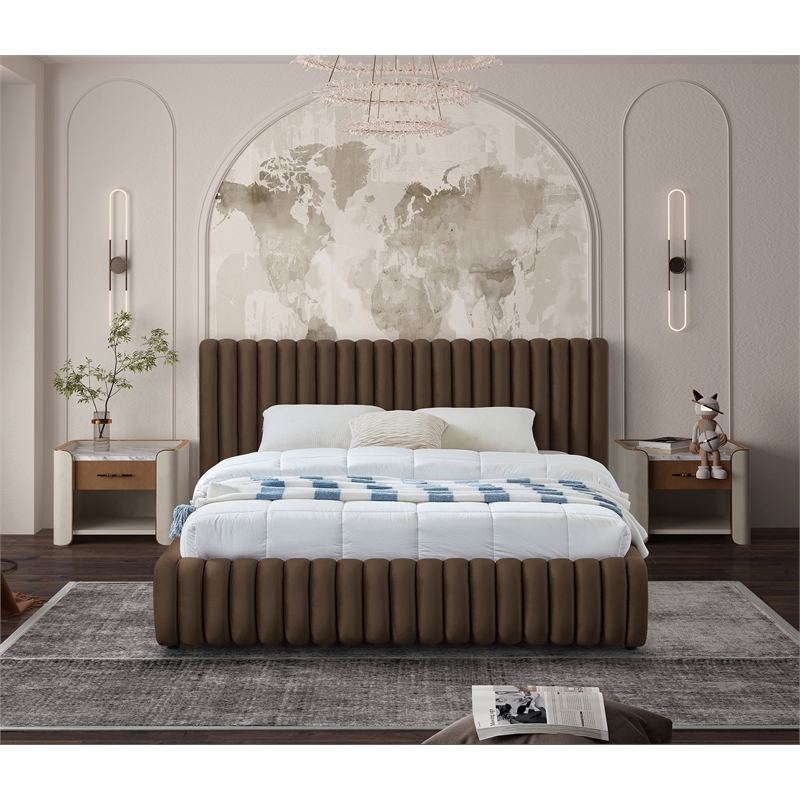 Afuera Living Contemporary Deep Channel Tufted Rich Brown Velvet King Bed