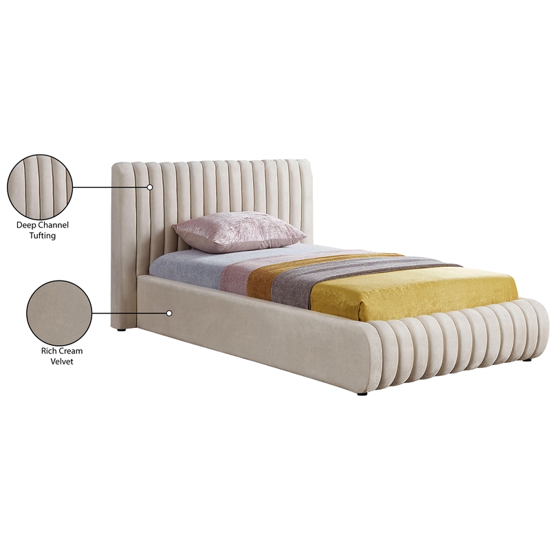 Afuera Living Contemporary Deep Channel Tufted Rich Cream Velvet Twin Bed