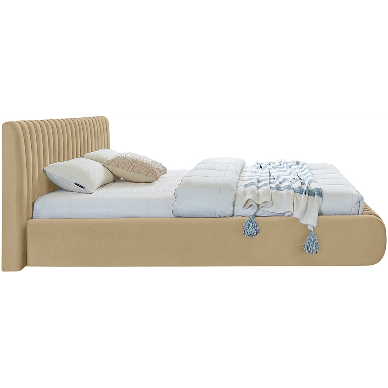 Afuera Living Contemporary Deep Channel Tufted Rich Camel Velvet Queen Bed