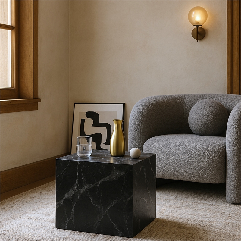Afuera Living Contemporary Black Marble Finish Concrete Indoor/Outdoor End Table