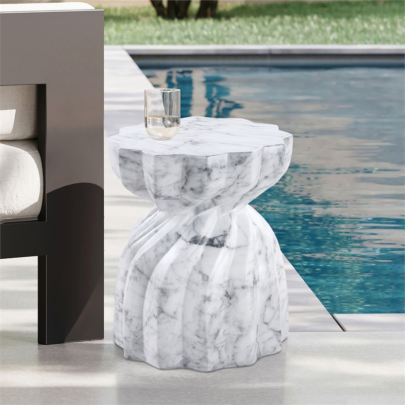 Afuera Living Contemporary White Marble Finish Concrete Indoor/Outdoor End Table