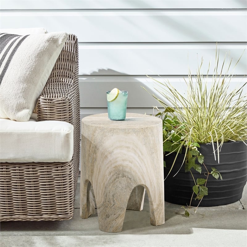 Afuera Living Contemporary Travertine Indoor/Outdoor Concrete End Table