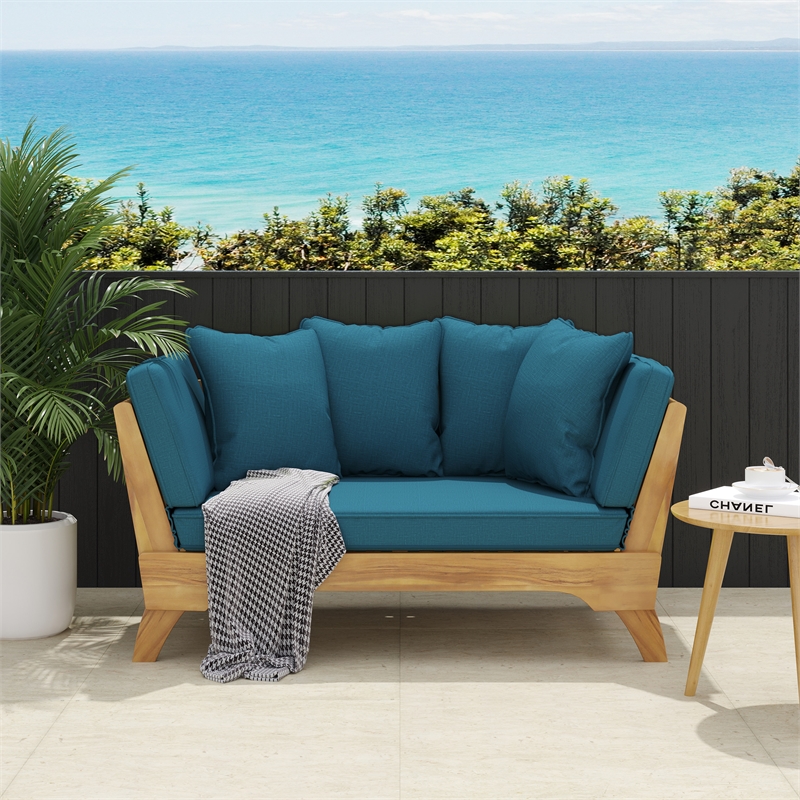 Afuera Living Wood Expandable Blue Daybed Patio Couch with Adjustable Armrests
