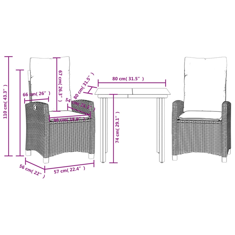 Afuera Living 3 Piece Poly Rattan Garden Dining Set in Black/Dark Gray