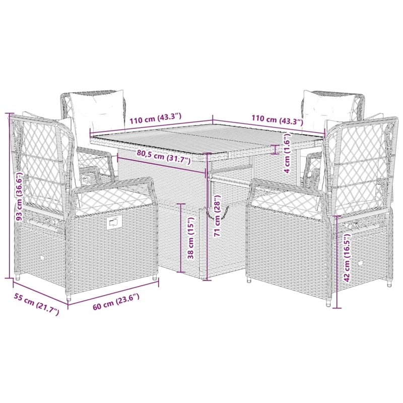 Afuera Living 5 Piece Rattan Garden Dining Set in Black/Cream White